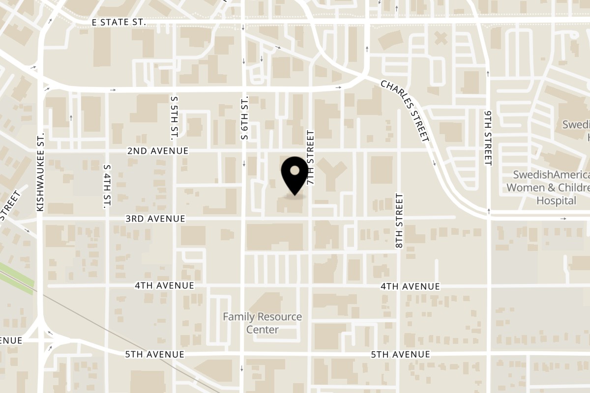 Map showing the location of Olivo Deli Market on 321 7th St in Rockford